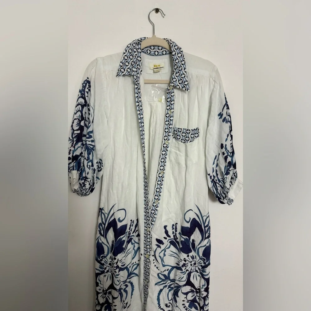 Anthropologie The Irene Linen Shirt Dress Button Front Belted Floral Blue - Picture 6 of 10